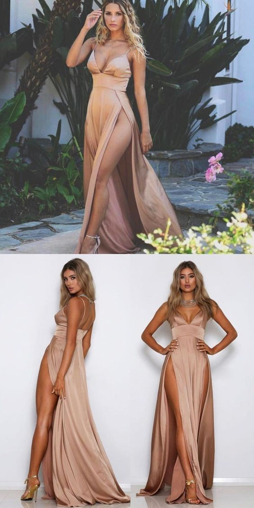 Sexy Spaghetti Strap V-neck Double Side-slit Simple Prom Party Dresses, PD1032