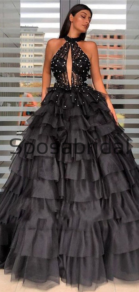 Custom Black A-line High Neck Elegant Formal Modest Prom Dresses, Ball Gwon PD1873