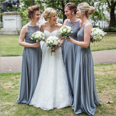 Custom Cheap Bridesmaid dress, Lace Top Modest Grey Chiffon Bridesmaid Dresses, WG273