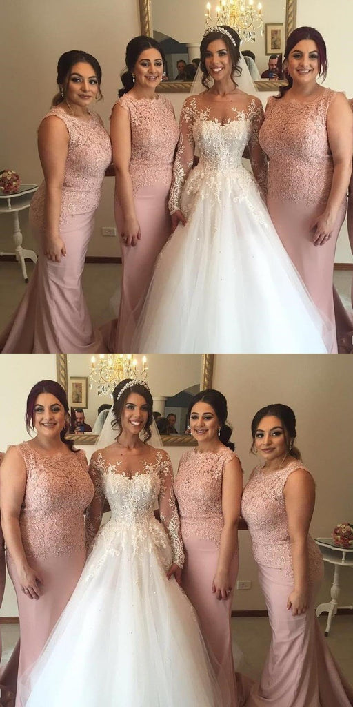 Custom Strapless Long Blush Pink Mermaid Top Lace Bridesmaid Dresses, Wedding Guest Dresses, WG251