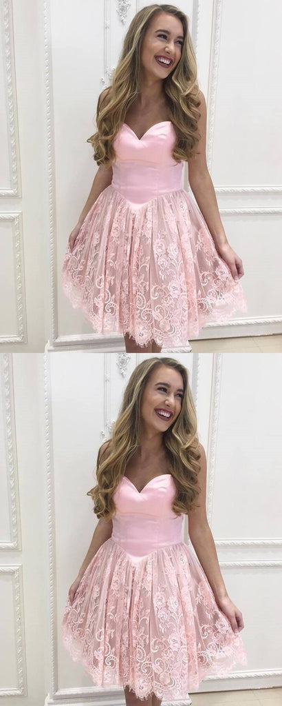 Custom Sweetheart Short Pink Lace Homecoming Dresses 2018, CM522