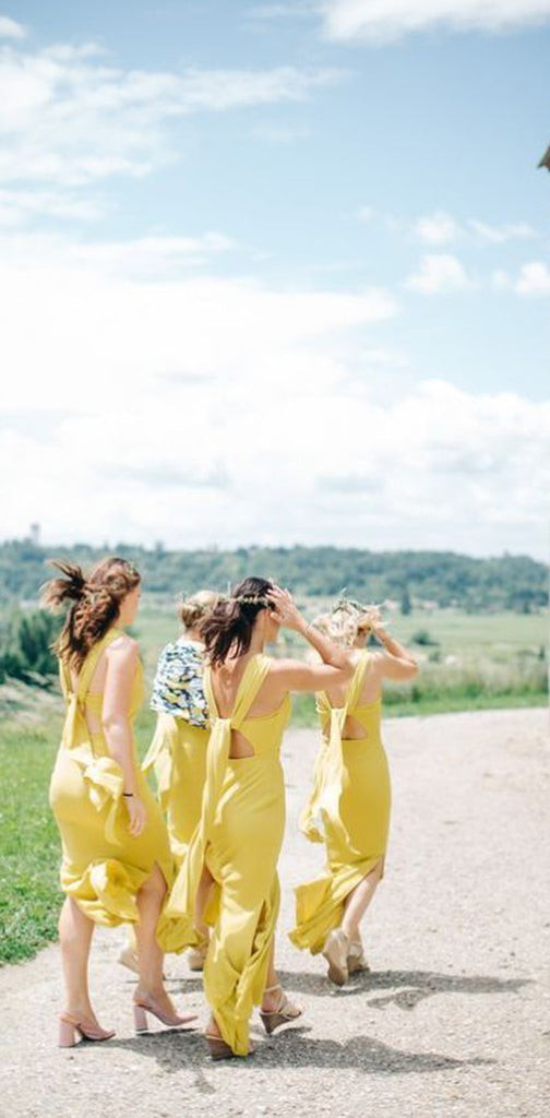 Custom Yellow Sheath Side Slit Elegant Unique Design Long Fall Bridesmaid Dresses WG570