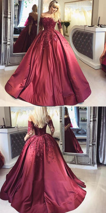 Dark Red Lace Long Sleeve Prom Dress,Off-the-Shoulder Formal Prom Dress, PD0862