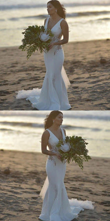 Deep V-Neck Sweep Train Mermaid Beach Long Sexy Popular Wedding Dresses with Lace, WD0205