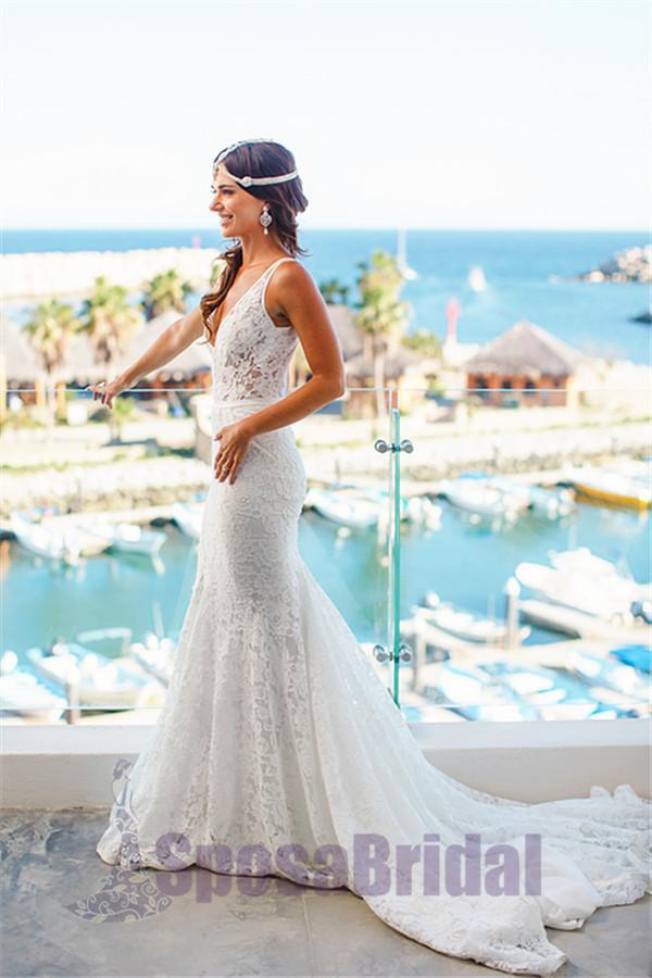 Full Lace V Neck Most Popular Elegant Romantic Custom Wedding Dresses, beach wedding dresses,  PD0560