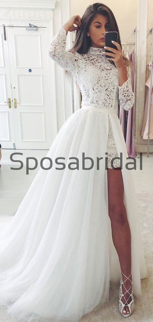 Detachable Unique Lace Vintage Beach Long Sleeves Wedding Dresses WD0456