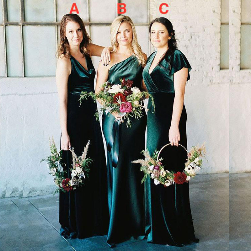 Elegant Dark Green Velvet  Mismatched Long Cheap Bridesmaid Dresses, WG932