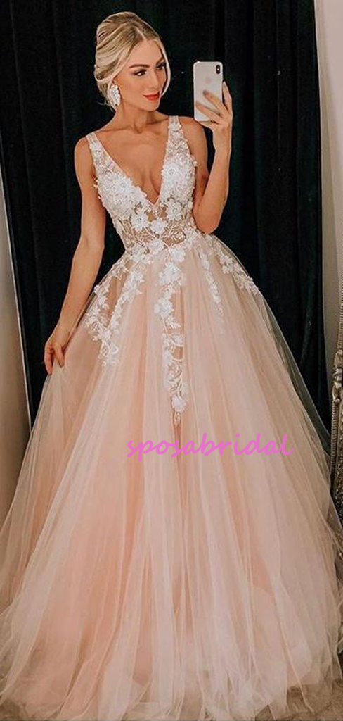 Elegant V-neck Tulle Lace Embroidy Floor-length Prom Dress, PD3006