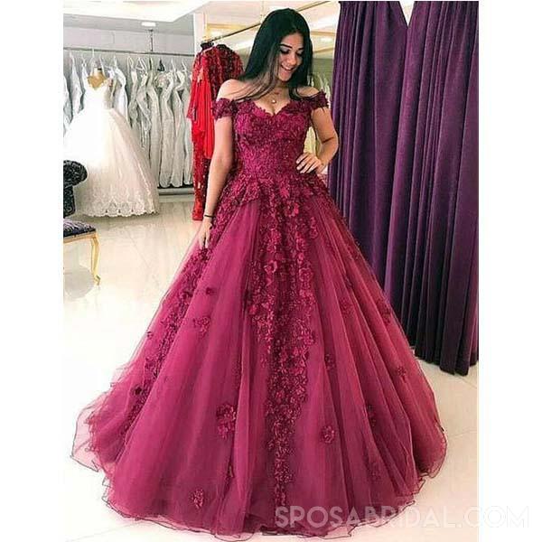 Elegant Ball Gown,Quinceanera Tulle  Elegant Appliques Off the Shoulder Prom Dresses, PD1087