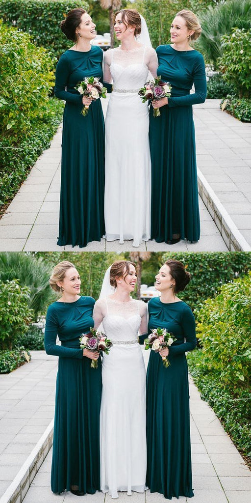 Elegant Green Long Sleeve  Chiffon Sheath Backless Beach Bridesmaid-Dresses,PD0503