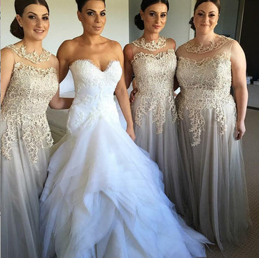 Elegant Modest Unique Design Round Neck Long Grey Tulle and Lace Bridesmaid Dresses for wedding guest , WG274