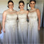 Elegant Modest Unique Design Round Neck Long Grey Tulle and Lace Bridesmaid Dresses for wedding guest , WG274