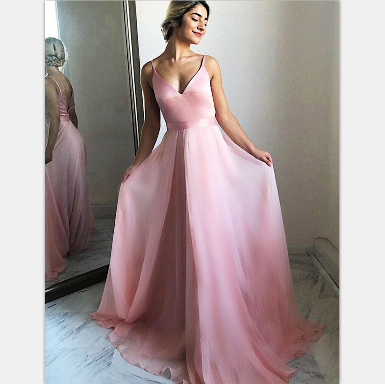 Elegant Pink Gorgeous  A-line Spaghetti Straps V-Back Prom Dresses, PD0852
