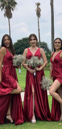 Elegant V-Neck Long Bridesmaid Dresses with Slit, Formal Bridesmaid Dresses, PD1624