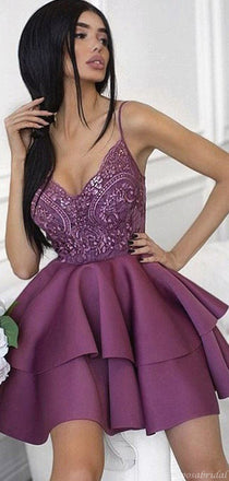 Elegant Fuchsia Purple Lace Top Spaghetti Strap V-neck A-line Short Homecoming Dress, HD3039
