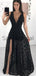 Fashion Black Lace V-Neck Unqiue A-line Prom Dresses PD2220