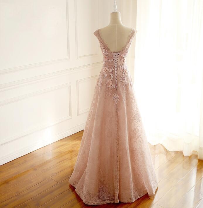 Floor-length V Neck Long Blush Pink Bridal Dresses, Pretty Elegant Most Popular Lace Wedding Dresses, WD0272