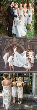 Full Lace Cheap  Mermaid Sexy Off Shoulder Short Ivory Lace Bridesmaid Dress with Slit , WG283