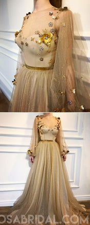 Gold Elegant Sparkly Long Sleeves Round Neck  A-line Prom Dresses, evening dress, party dress , PD1078