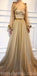 Gold Elegant Sparkly Long Sleeves Round Neck  A-line Prom Dresses, evening dress, party dress , PD1078
