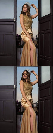 Gold Unique Side Split Elegant Modest Prom Dresses with lace appliques, PD0894