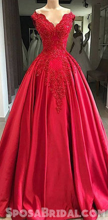 Gorgeous Red lace Satin Ball Gown，Modest High Quality Long Prom Dresses with beading,PD1290