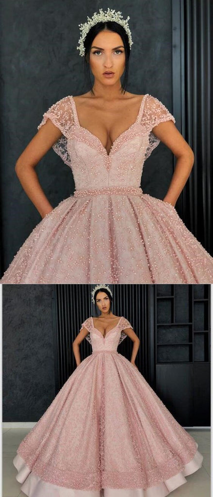 Gorgeous Stunning Pink A-line Cap Sleeves  Custm Elegant Prom Dresses, PD0974
