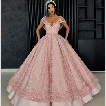 Gorgeous Stunning Pink A-line Cap Sleeves  Custm Elegant Prom Dresses, PD0974