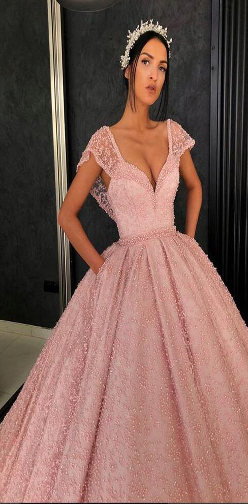 Gorgeous Stunning Pink A-line Cap Sleeves  Custm Elegant Prom Dresses, PD0974