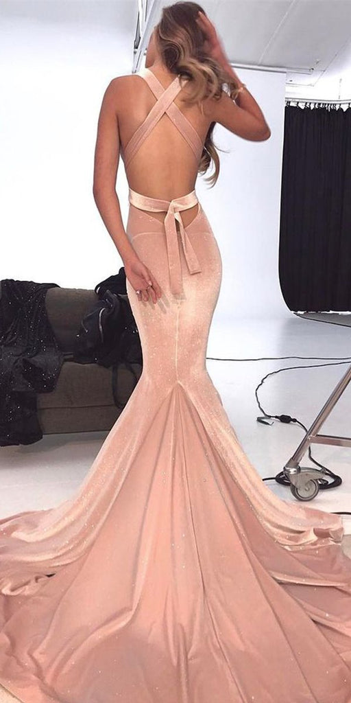 Gorgeous V-neck Mermaid Pink Velvet Backless Sexy Long Prom Dress, PD1039