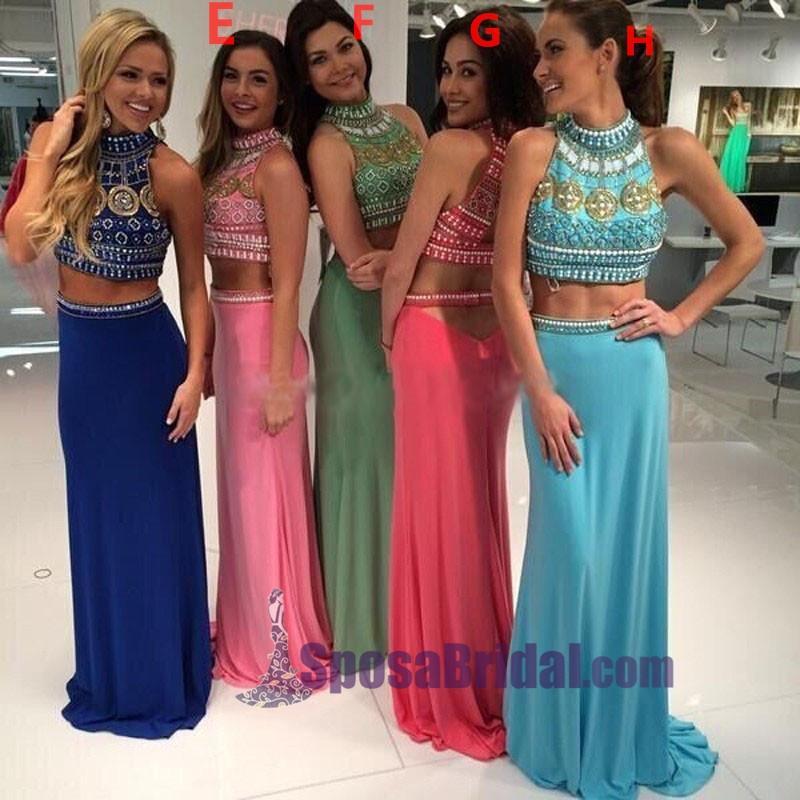 Beading Two Pieces Halter High Neck Gorgeous Prom Dresses, Sparkly Shining Prom Dresses, PD0624 - SposaBridal