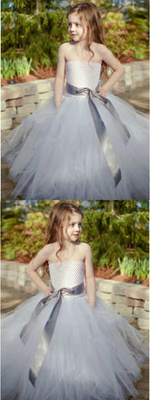Junior A-Line Strapless Floor-Length Light Grey Tulle  Lovely New Flower Girl Dresses, FG124