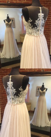 Lace V Neck See Through A-line Cheap Wedding Dresses Online, WD356