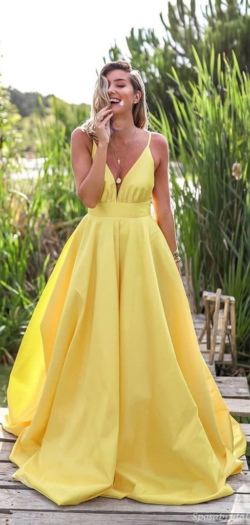Light Pastel Yellow Sexy Spaghetti Straps V-neck Long Empire Prom Dresses, PD0951