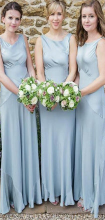 Long Light Blue A-Line Round Neck Sleeveless Bridesmaid Dresses, WG393