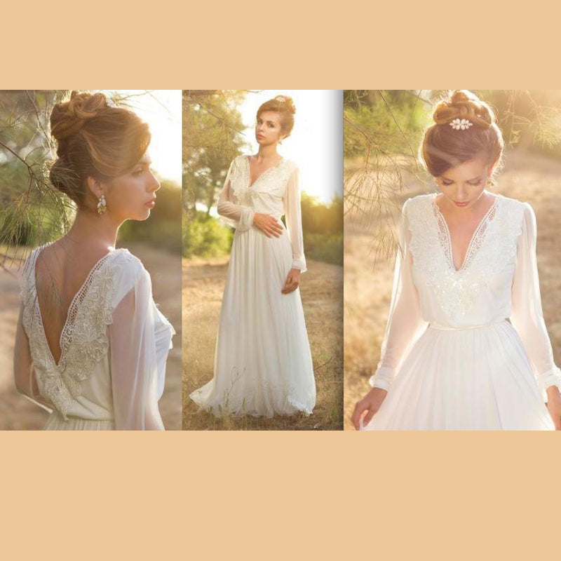 Vintage Long Sleeve Unique Backless A-line Long Flowy Wedding Dress, WD315