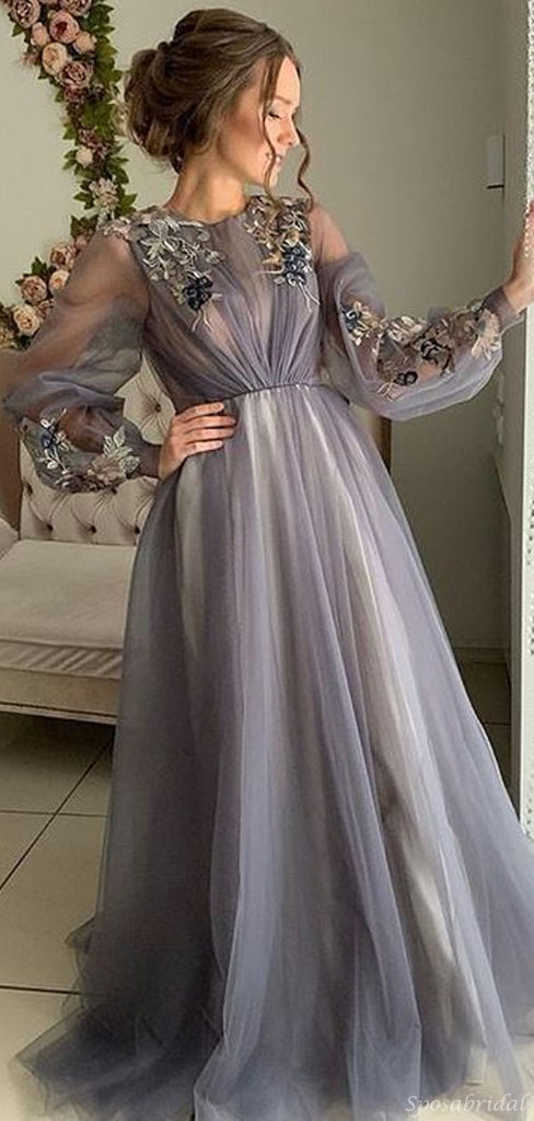 Modest Dusty Blue Long Sleeve Floral Tulle Long Prom Dress, PD1890