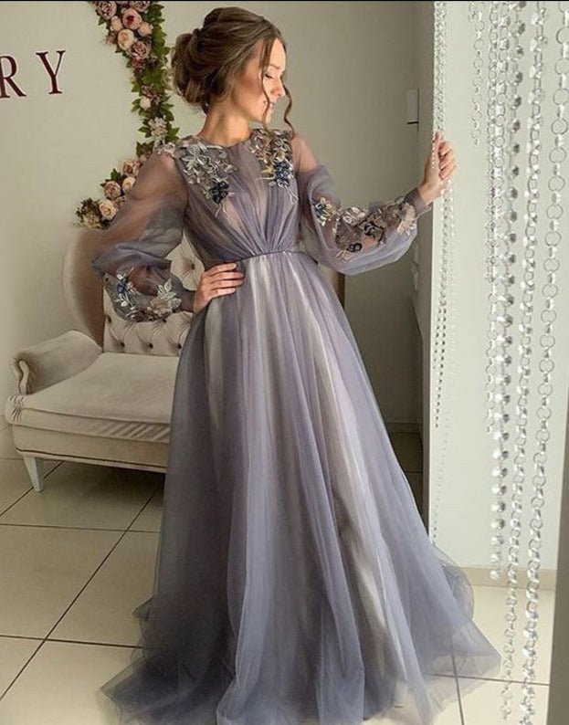 Modest Dusty Blue Long Sleeve Floral Tulle Long Prom Dress, PD1890