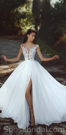 Long A-line Top Lace Appliques Side Slit Newest Custom Elegant Wedding Dresses, WD0355