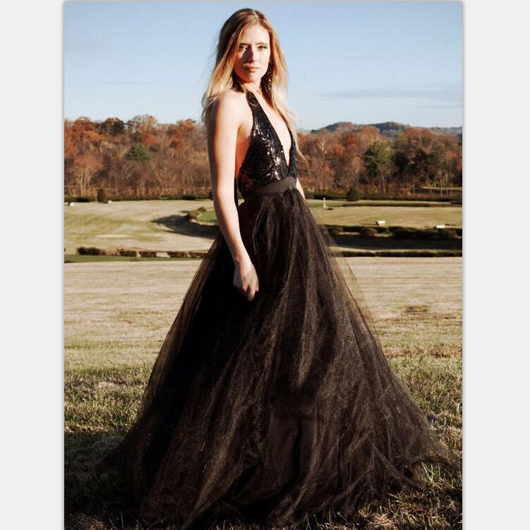 Long Backless Black Top Sequin Tulle Simple Prom Dresses, party dress, evcening dress, PD0825