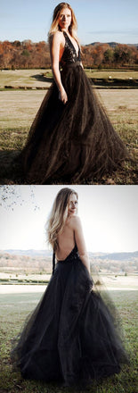 Long Backless Black Top Sequin Tulle Simple Prom Dresses, party dress, evcening dress, PD0825