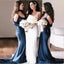 Long Elegant Formal Cheap Modest Mermaid Spaghetti Straps Navy Sexy Bridesmaid Dresses with train, WG285