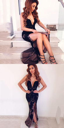 Long Elegant Formal Sweetheart Mermaid Split Front Black Lace Prom Dresses, PD0982