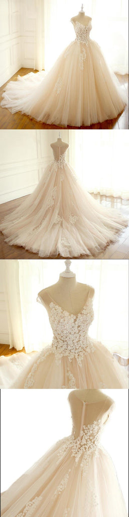 Long Elegant Formal V Neck Wedding Dresses, Asymmetric Back Lace Appliques with Zipper back Bridal Gown , WD0275