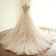 Long Elegant Formal V Neck Wedding Dresses, Asymmetric Back Lace Appliques with Zipper back Bridal Gown , WD0275