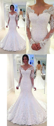 Long Sleeve Off Shoulder Mermaid Lace Custom Wedding Dresses Online, WD349