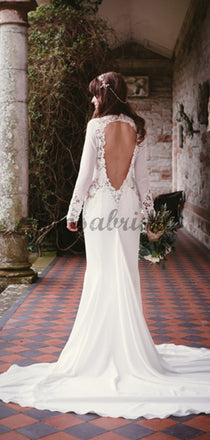 Open Back Long Sleeve See Through Lace Mermaid With Train Wedding Dresses WD0361