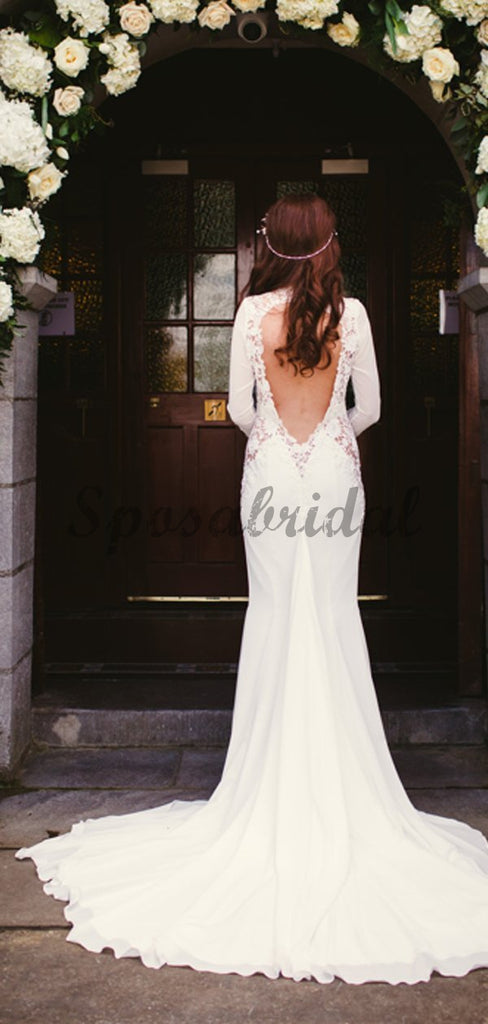 Open Back Long Sleeve See Through Lace Mermaid With Train Wedding Dresses WD0361