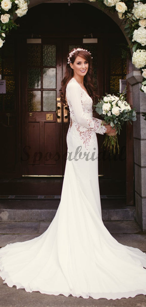 Open Back Long Sleeve See Through Lace Mermaid With Train Wedding Dresses WD0361