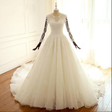Long Sleeves A-ling Bridal Gowns, Ivory Beach Scoop Lace UP Back Wedding Dresses With Train , WD0276